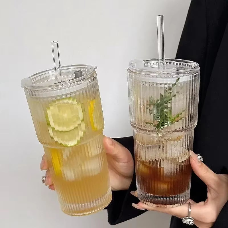 600ML Stylish Stripe Glass Coffee Cup with Lid & Straw - Perfect for Juices, Milk, Iced Coffee & More!