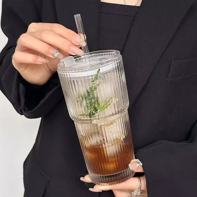 600ML Stylish Stripe Glass Coffee Cup with Lid & Straw - Perfect for Juices, Milk, Iced Coffee & More!