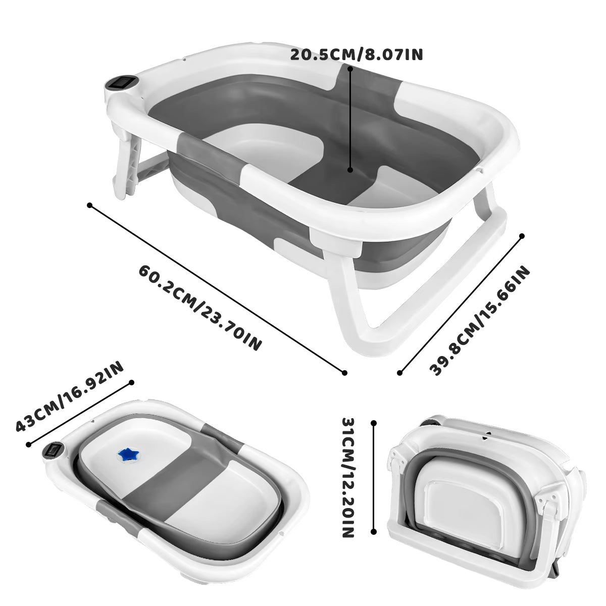 Baby Bathtub with Bath Cushion, Portable and Foldable, Real-Time Temperature Sensor, with a Drainage Hole