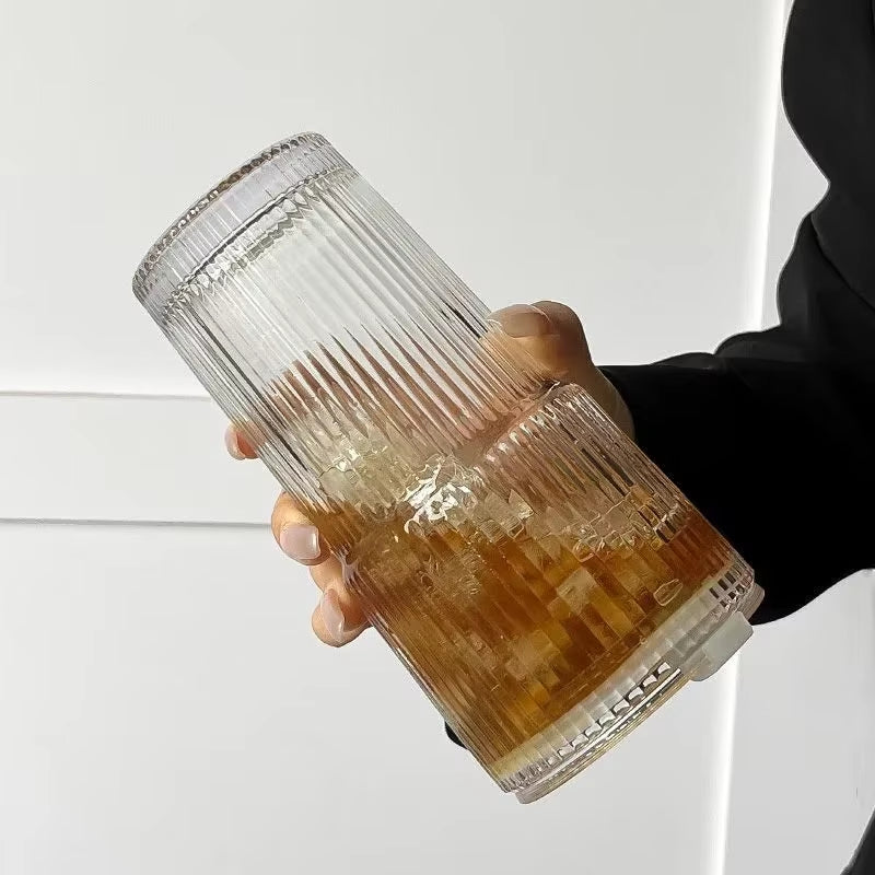 600ML Stylish Stripe Glass Coffee Cup with Lid & Straw - Perfect for Juices, Milk, Iced Coffee & More!