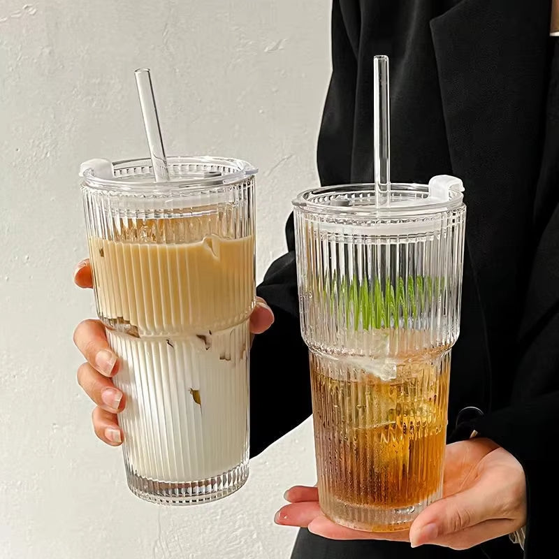 600ML Stylish Stripe Glass Coffee Cup with Lid & Straw - Perfect for Juices, Milk, Iced Coffee & More!