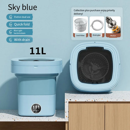 11L 6L Portable Big Capacity Washing Machine with Drain Basket for Apartment Camping Travel Underwear 110-260V Mini Washer Dryer