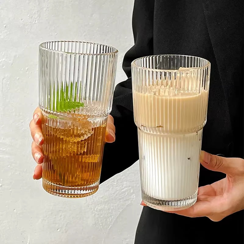 600ML Stylish Stripe Glass Coffee Cup with Lid & Straw - Perfect for Juices, Milk, Iced Coffee & More!
