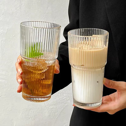 600ML Stylish Stripe Glass Coffee Cup with Lid & Straw - Perfect for Juices, Milk, Iced Coffee & More!
