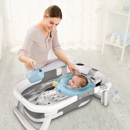 Baby Bathtub with Bath Cushion, Portable and Foldable, Real-Time Temperature Sensor, with a Drainage Hole