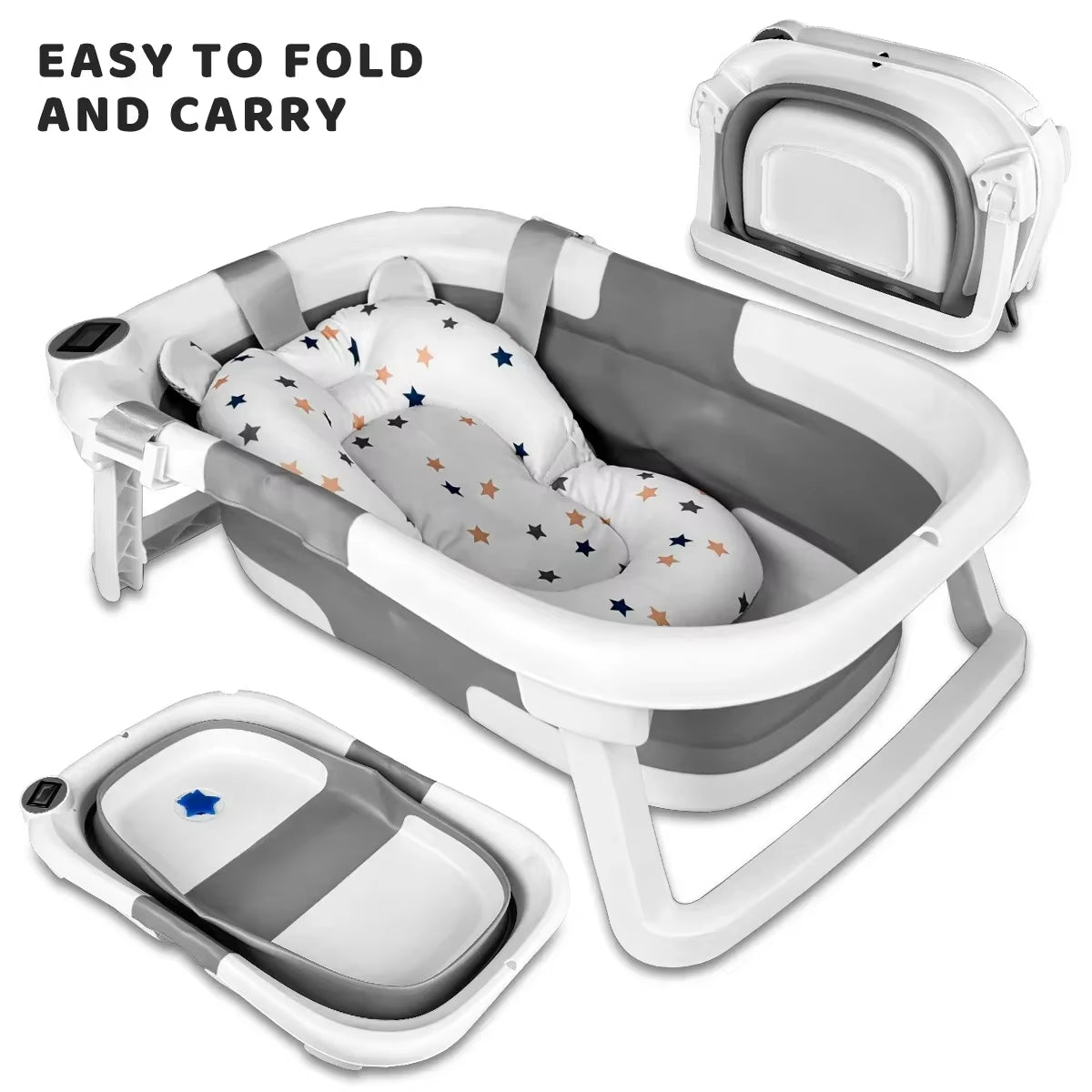 Baby Bathtub with Bath Cushion, Portable and Foldable, Real-Time Temperature Sensor, with a Drainage Hole