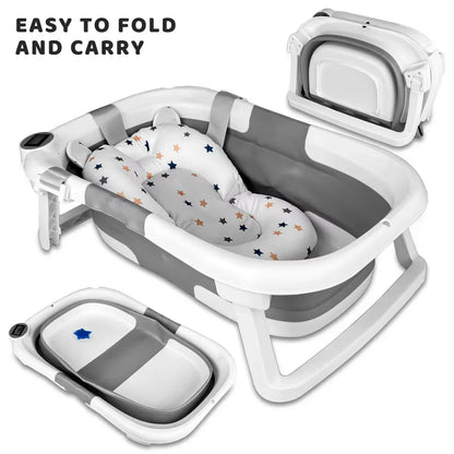 Baby Bathtub with Bath Cushion, Portable and Foldable, Real-Time Temperature Sensor, with a Drainage Hole