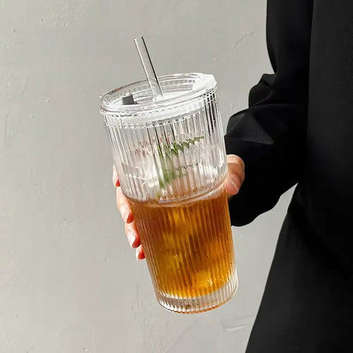 600ML Stylish Stripe Glass Coffee Cup with Lid & Straw - Perfect for Juices, Milk, Iced Coffee & More!