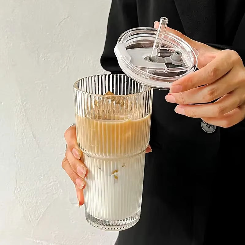 600ML Stylish Stripe Glass Coffee Cup with Lid & Straw - Perfect for Juices, Milk, Iced Coffee & More!